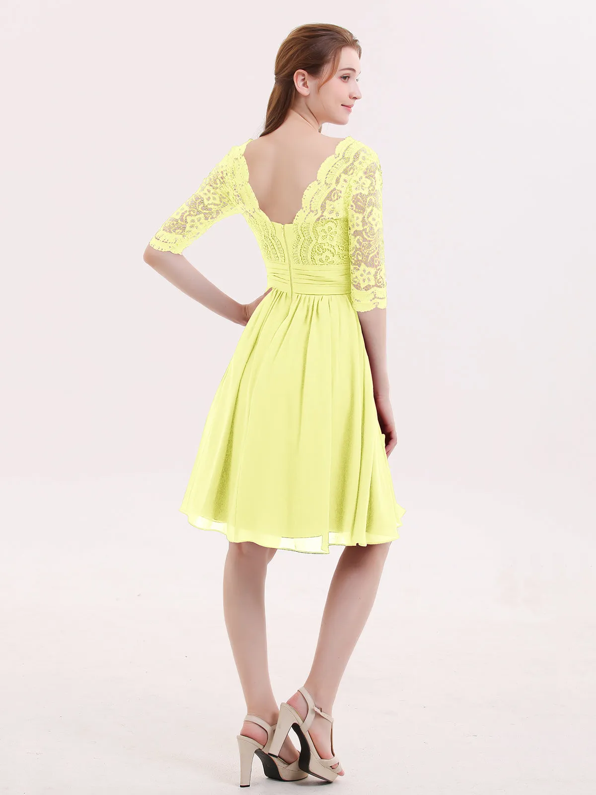 Lace and Chiffon Short Dress with Half Sleeves Daffodil