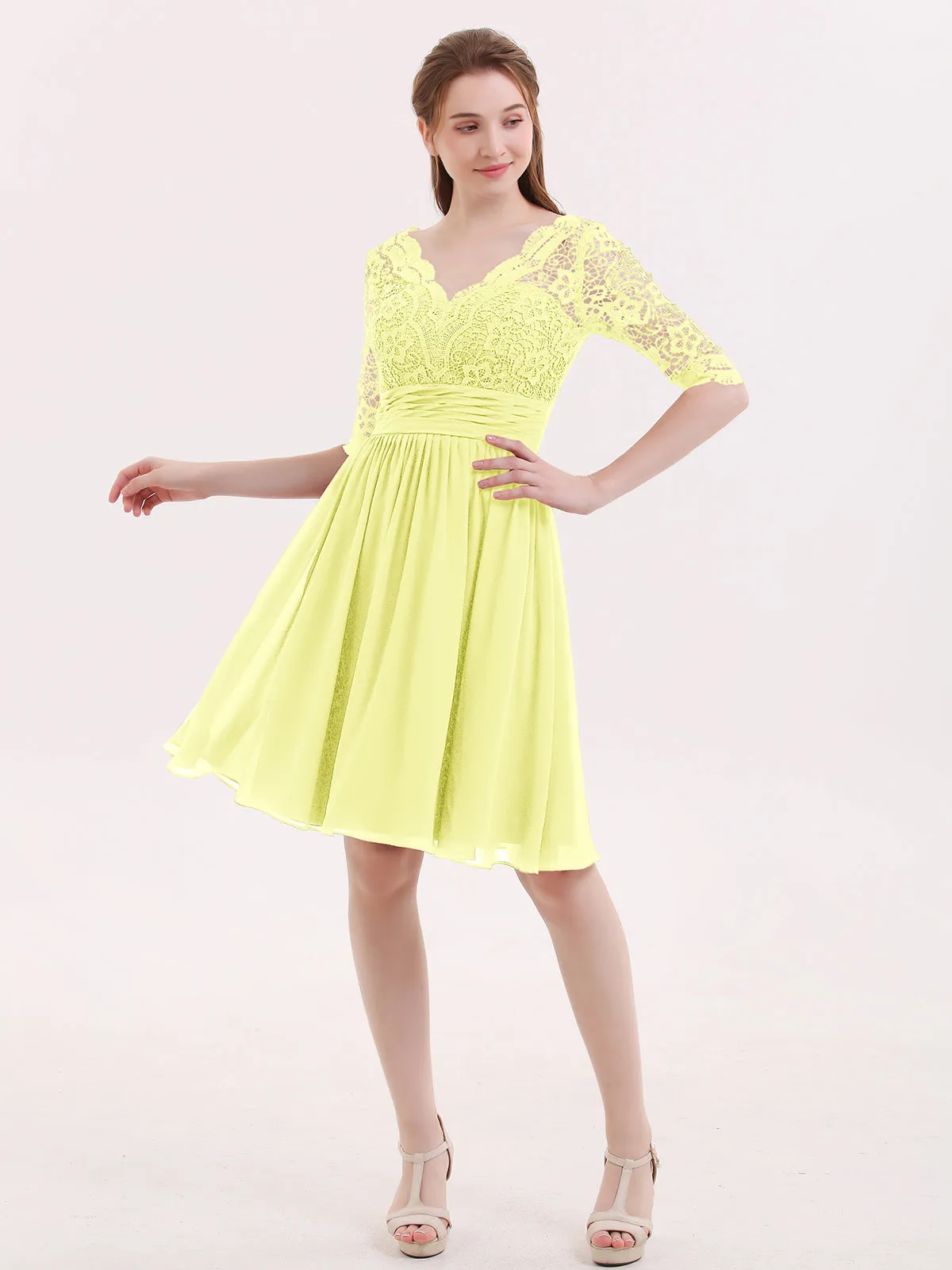 Lace and Chiffon Short Dress with Half Sleeves Daffodil