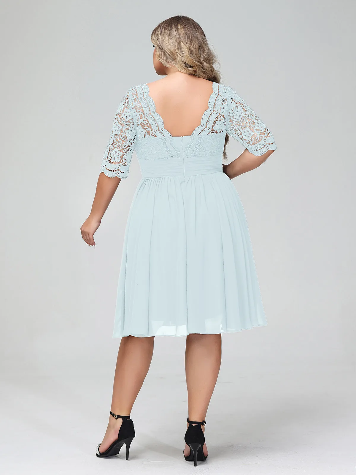 Lace and Chiffon Short Dress with Half Sleeves Mist