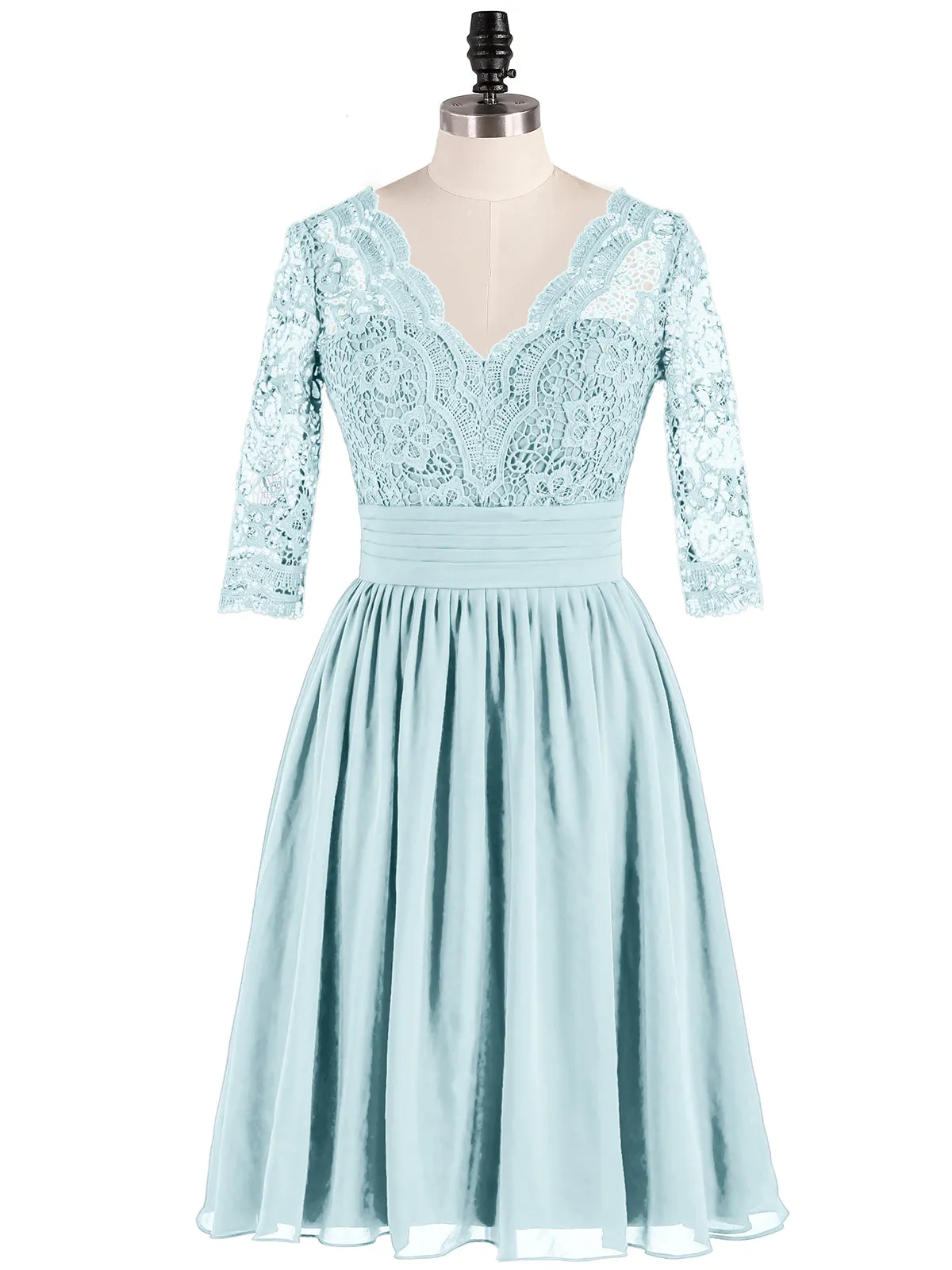 Lace and Chiffon Short Dress with Half Sleeves Mist