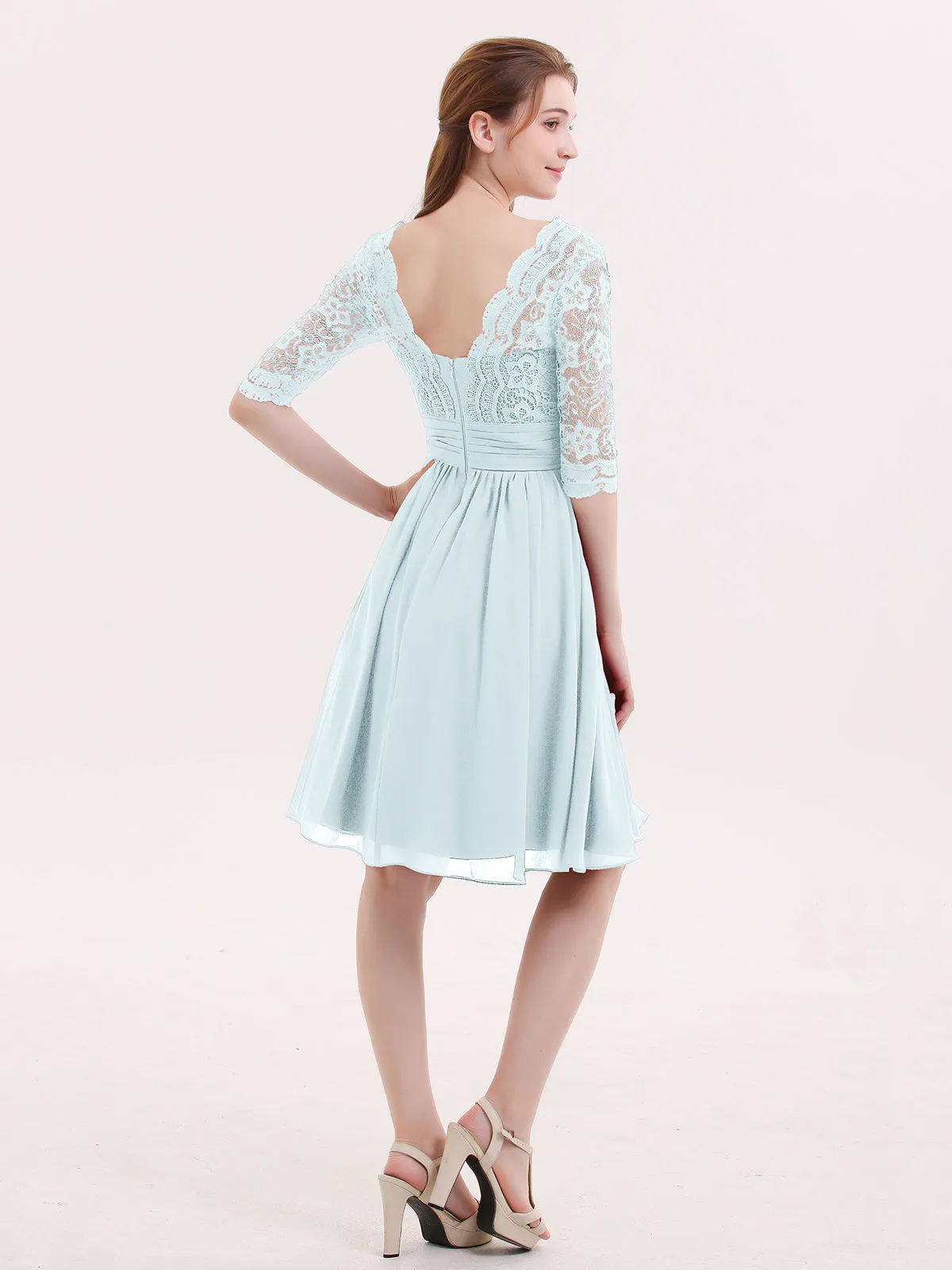 Lace and Chiffon Short Dress with Half Sleeves Mist