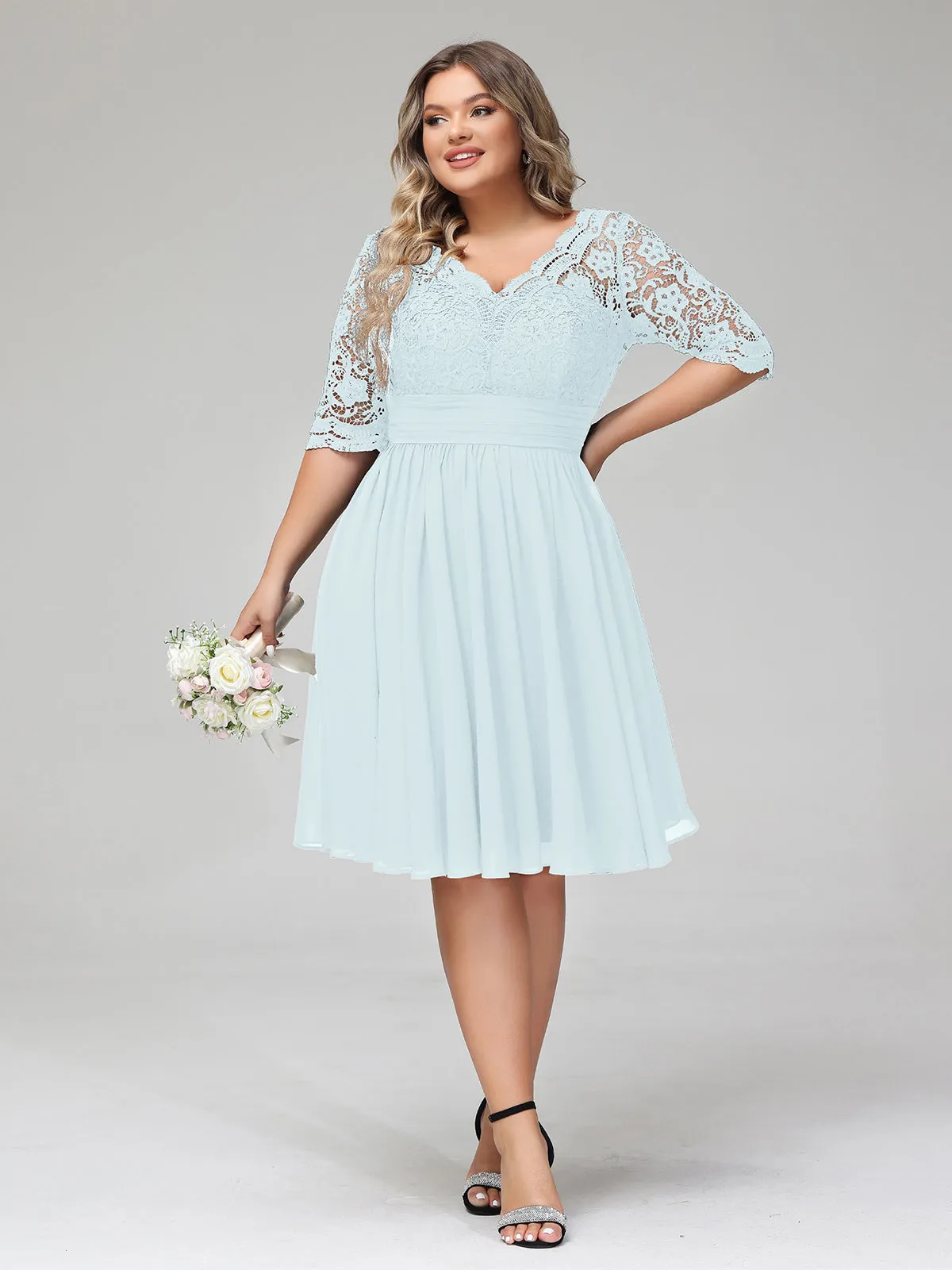 Lace and Chiffon Short Dress with Half Sleeves Mist