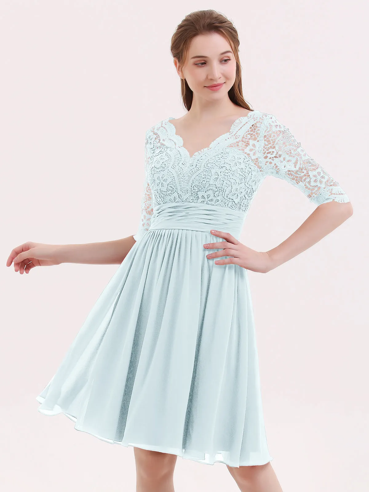 Lace and Chiffon Short Dress with Half Sleeves Mist