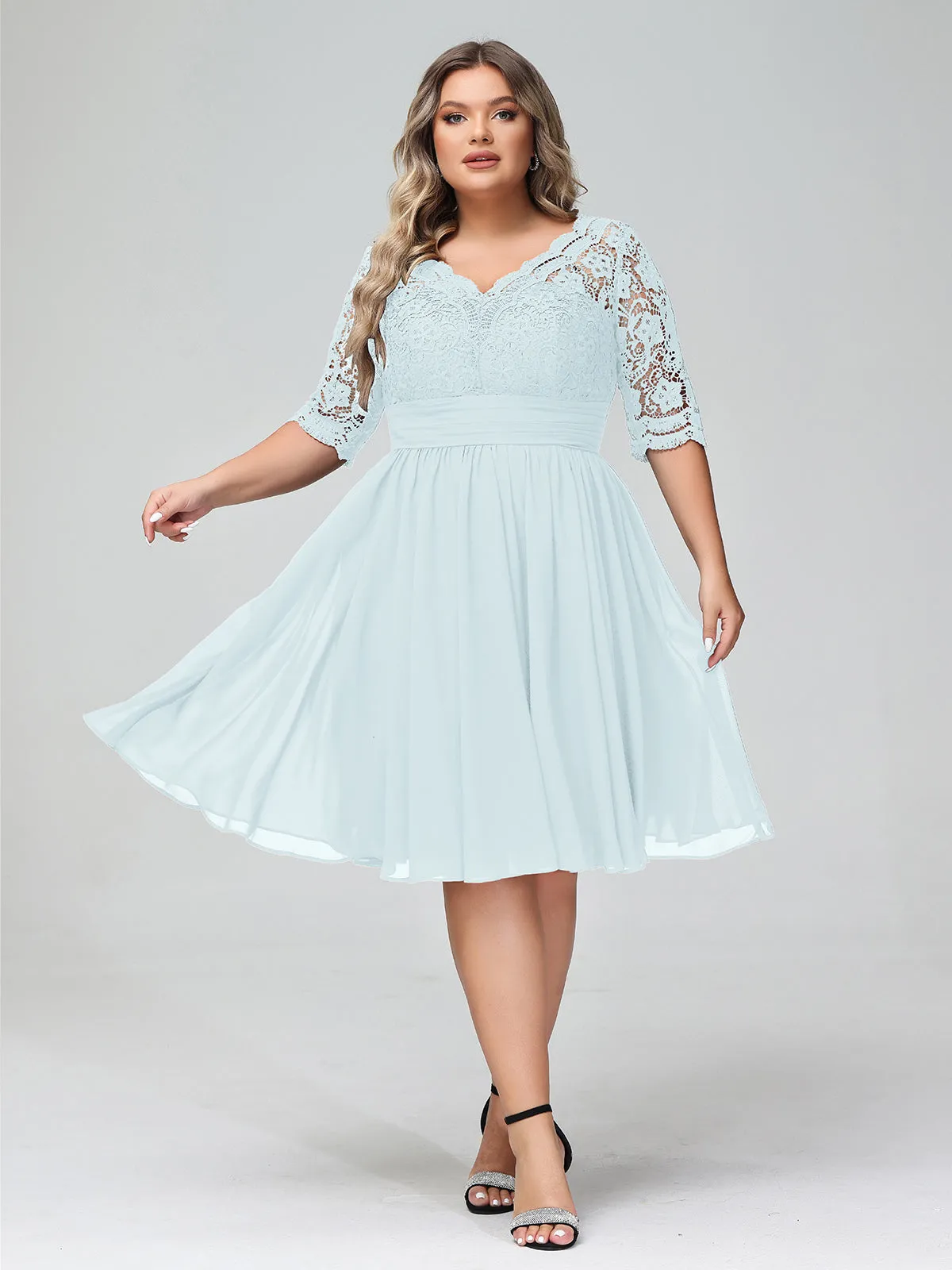 Lace and Chiffon Short Dress with Half Sleeves Mist