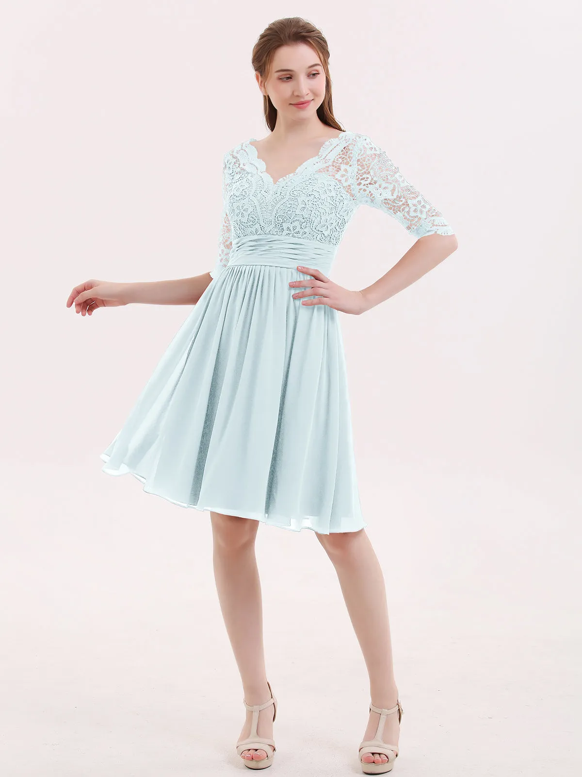 Lace and Chiffon Short Dress with Half Sleeves Mist