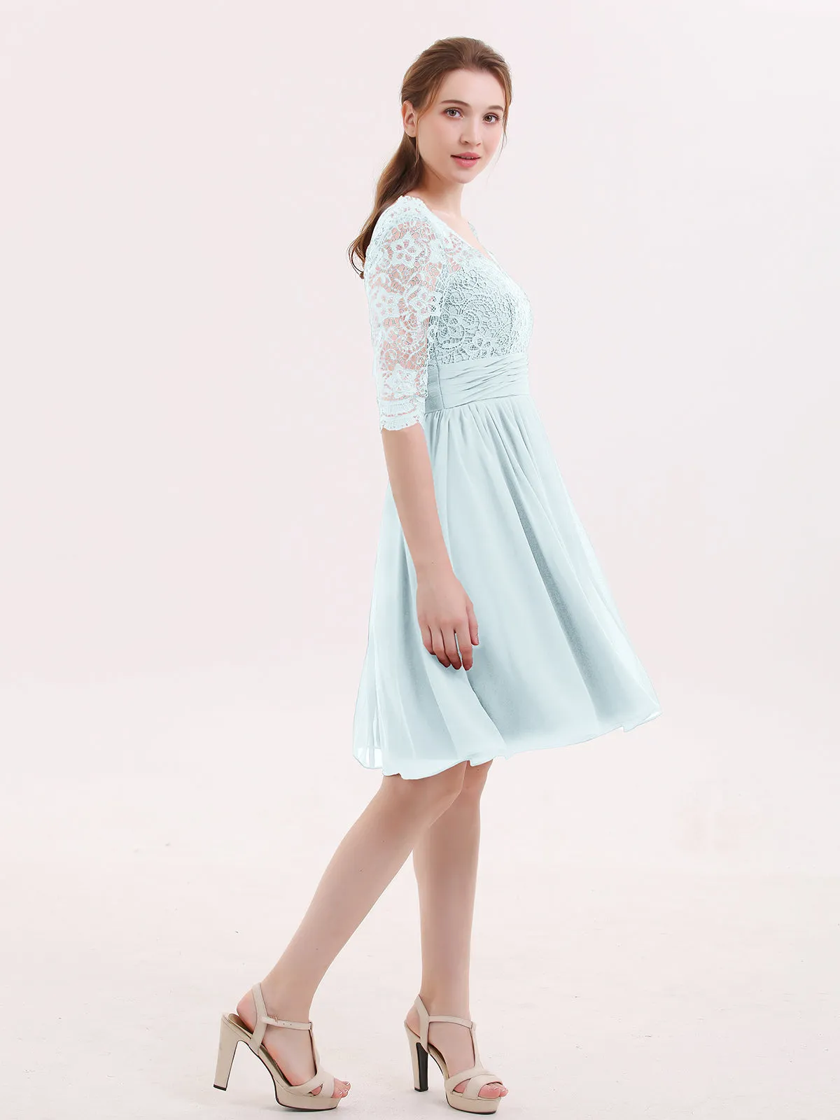 Lace and Chiffon Short Dress with Half Sleeves Mist