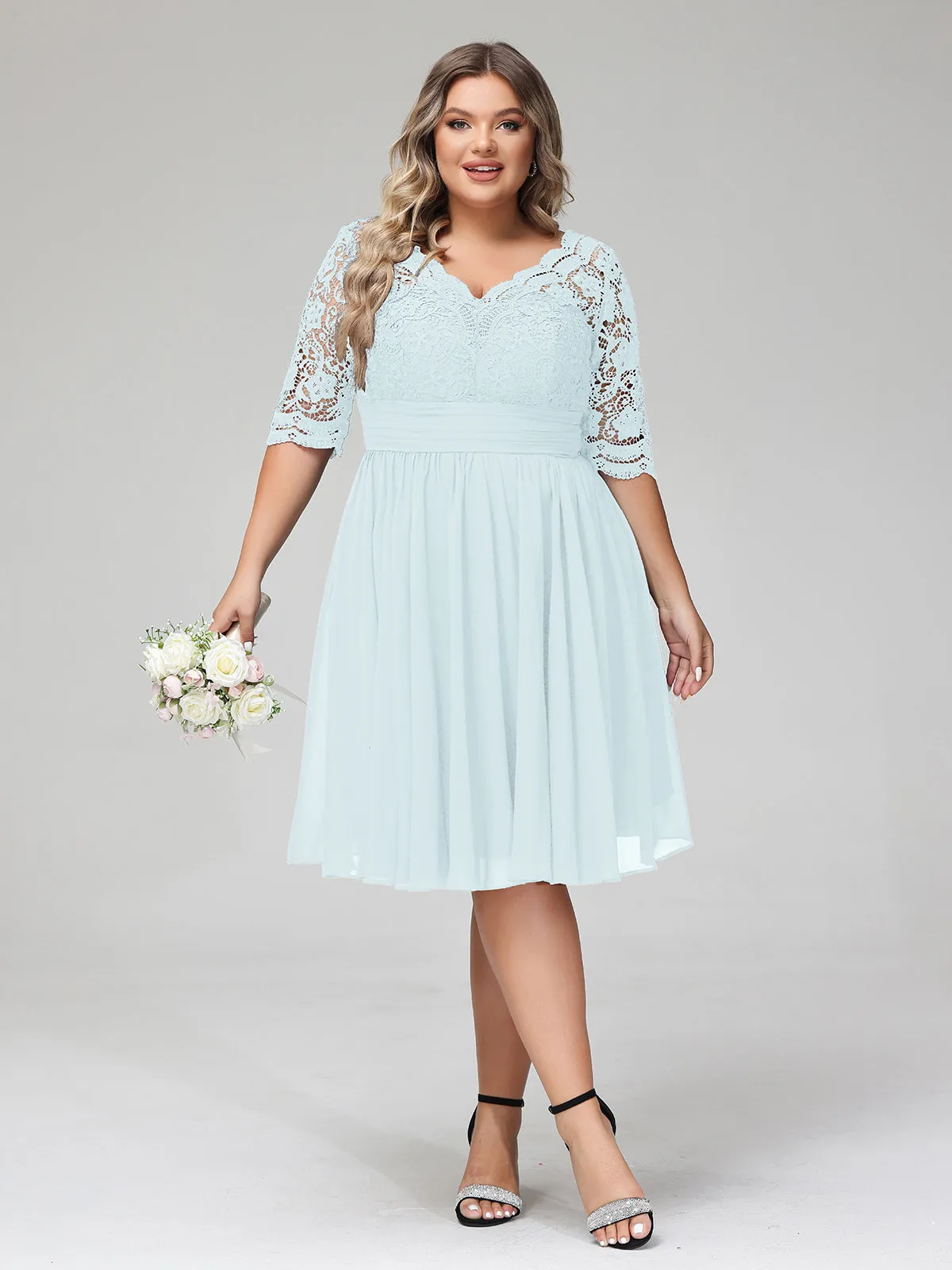 Lace and Chiffon Short Dress with Half Sleeves Mist