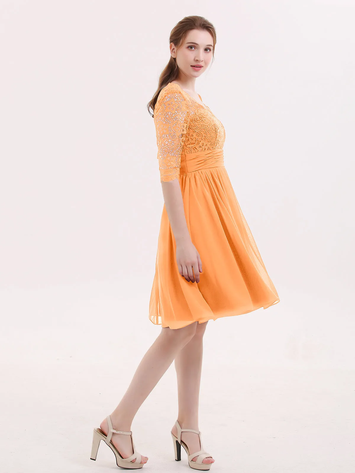 Lace and Chiffon Short Dress with Half Sleeves Orange