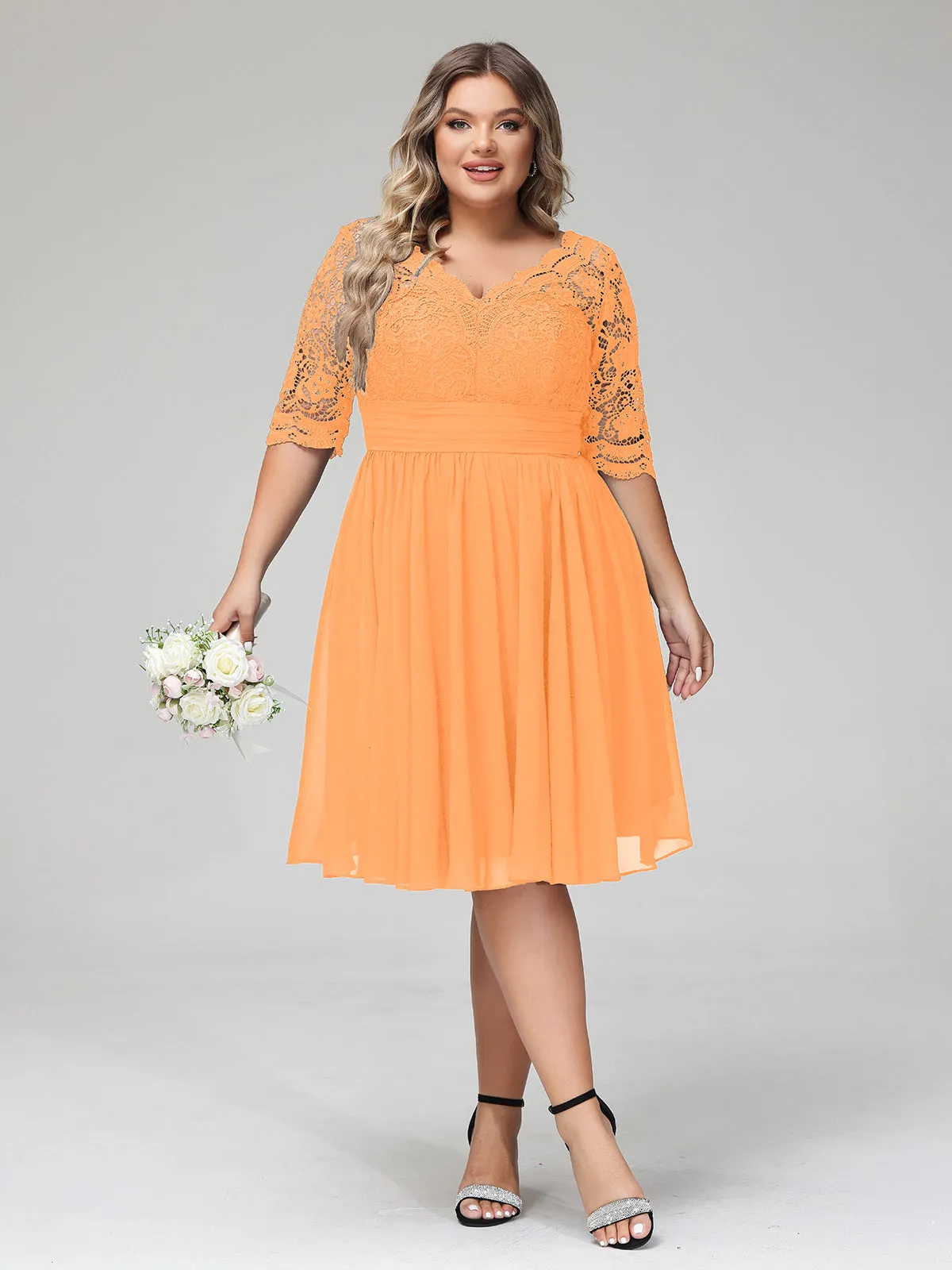 Lace and Chiffon Short Dress with Half Sleeves Orange