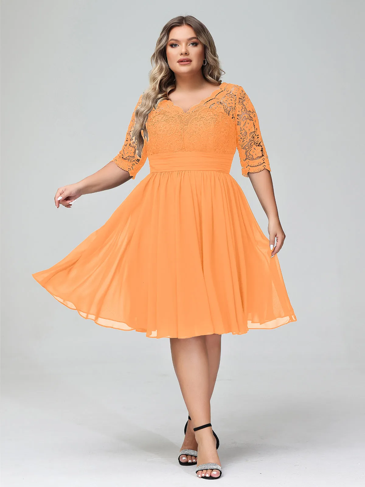 Lace and Chiffon Short Dress with Half Sleeves Orange