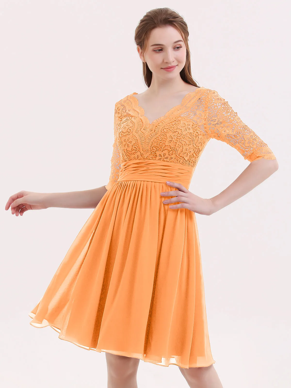 Lace and Chiffon Short Dress with Half Sleeves Orange