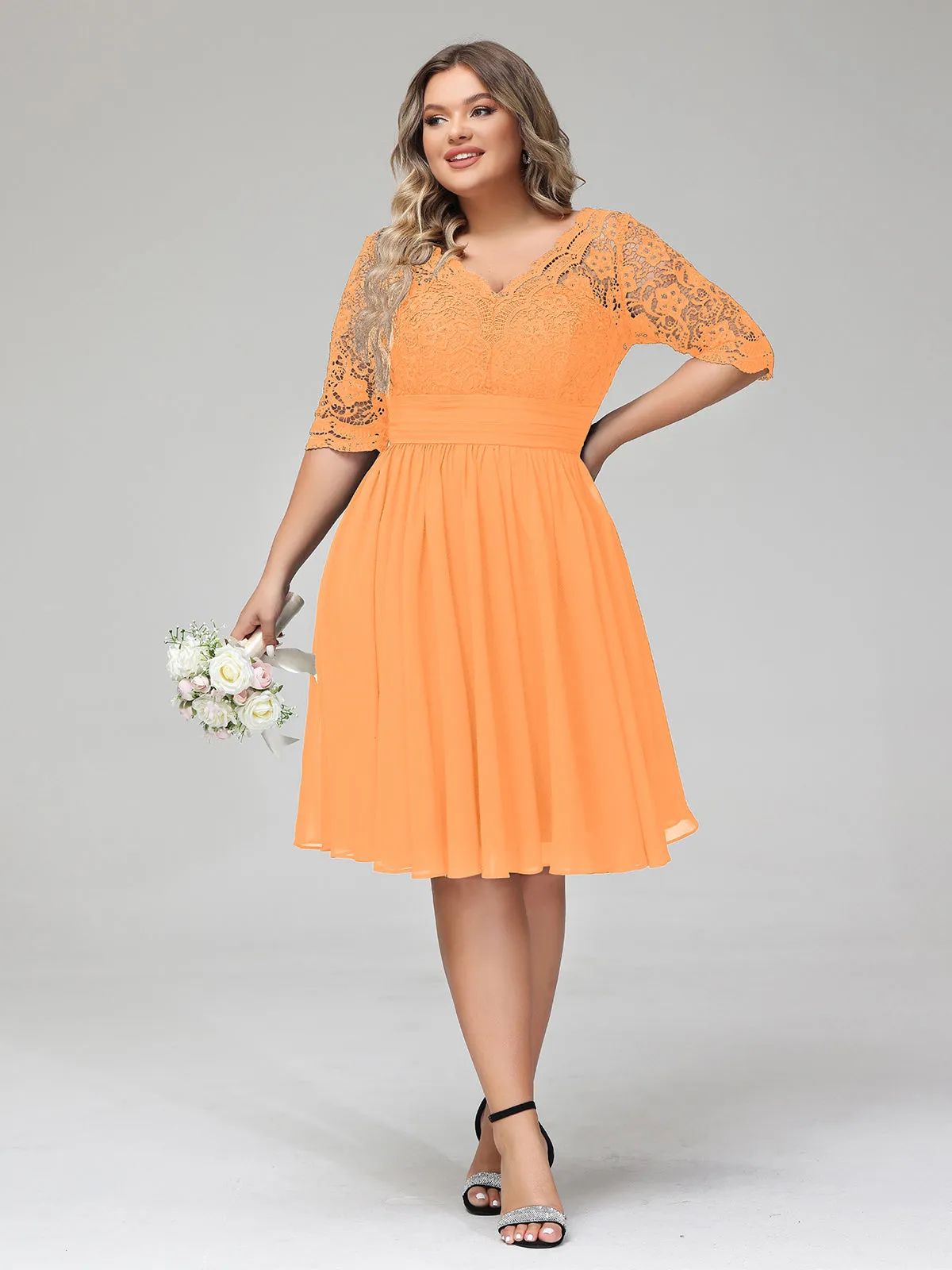 Lace and Chiffon Short Dress with Half Sleeves Orange