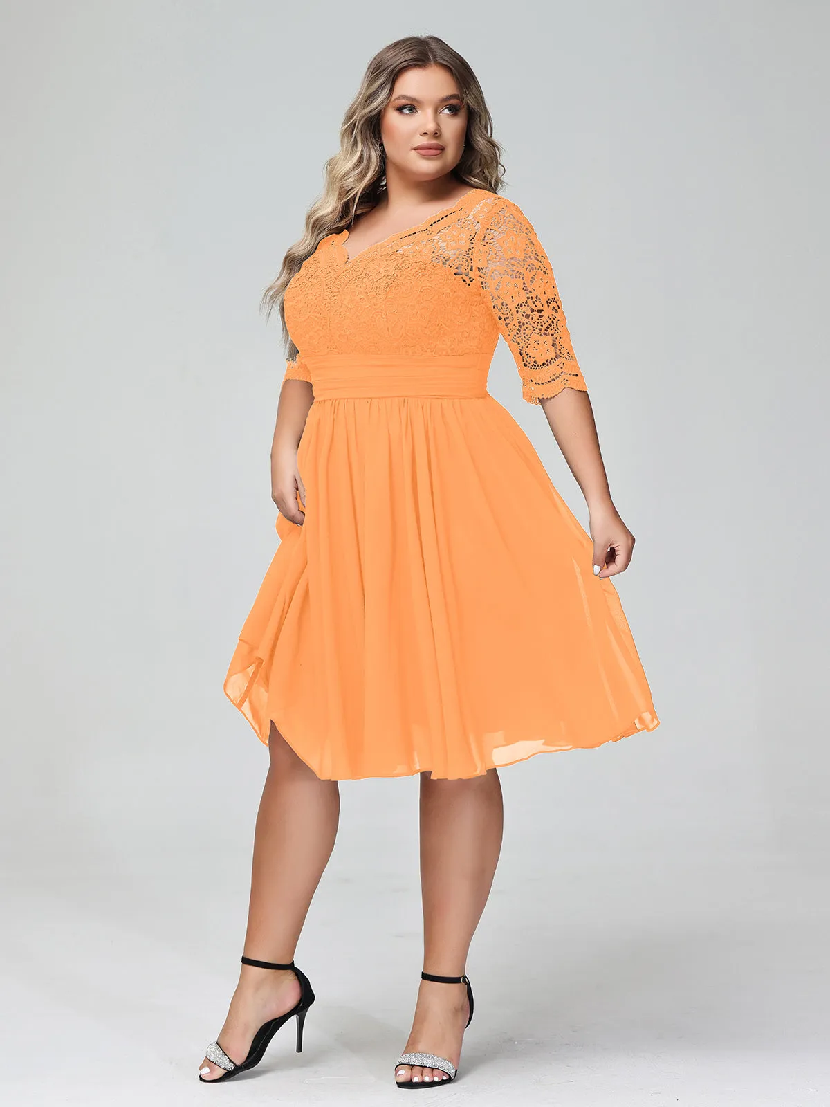 Lace and Chiffon Short Dress with Half Sleeves Orange