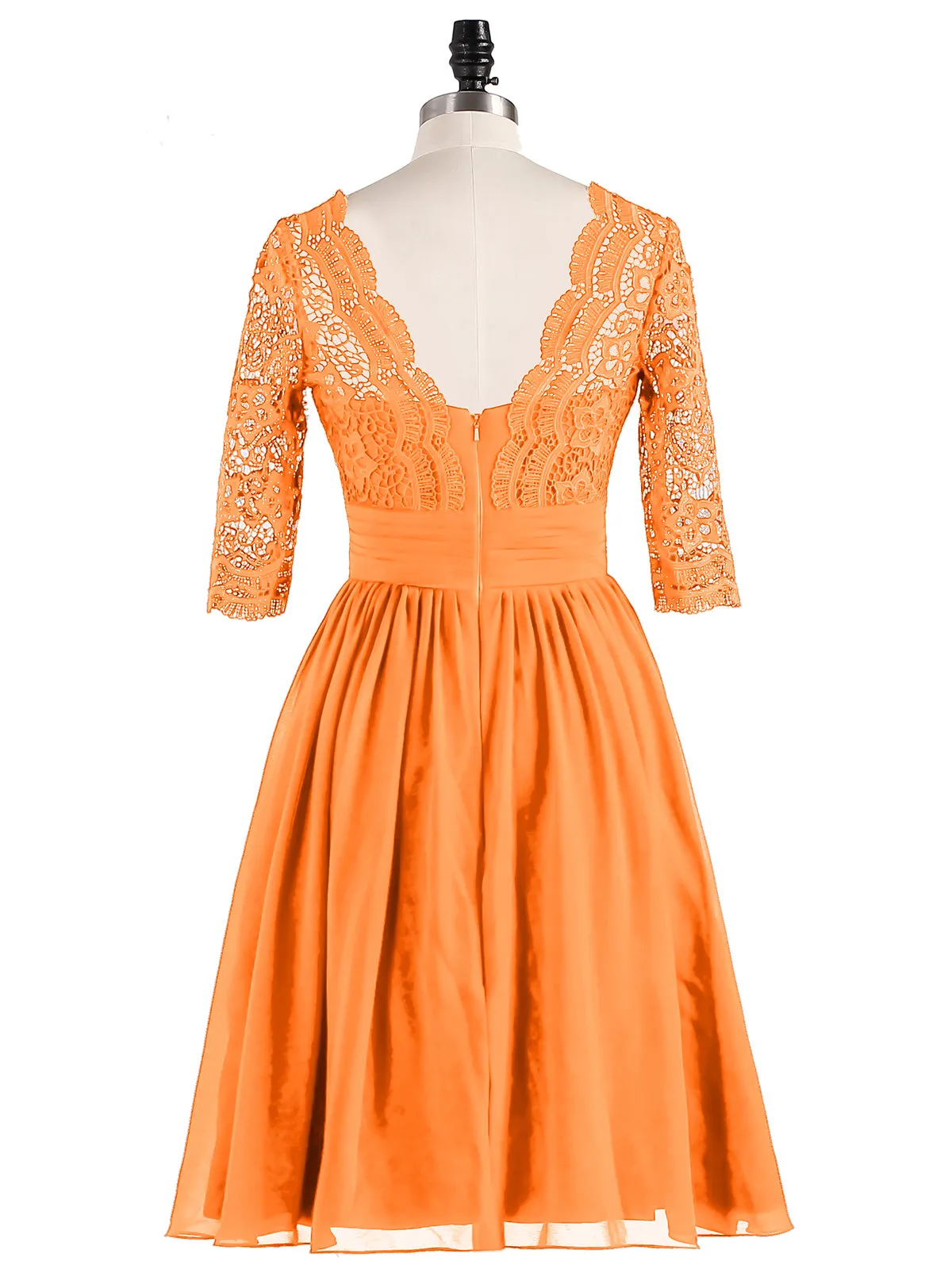 Lace and Chiffon Short Dress with Half Sleeves Orange