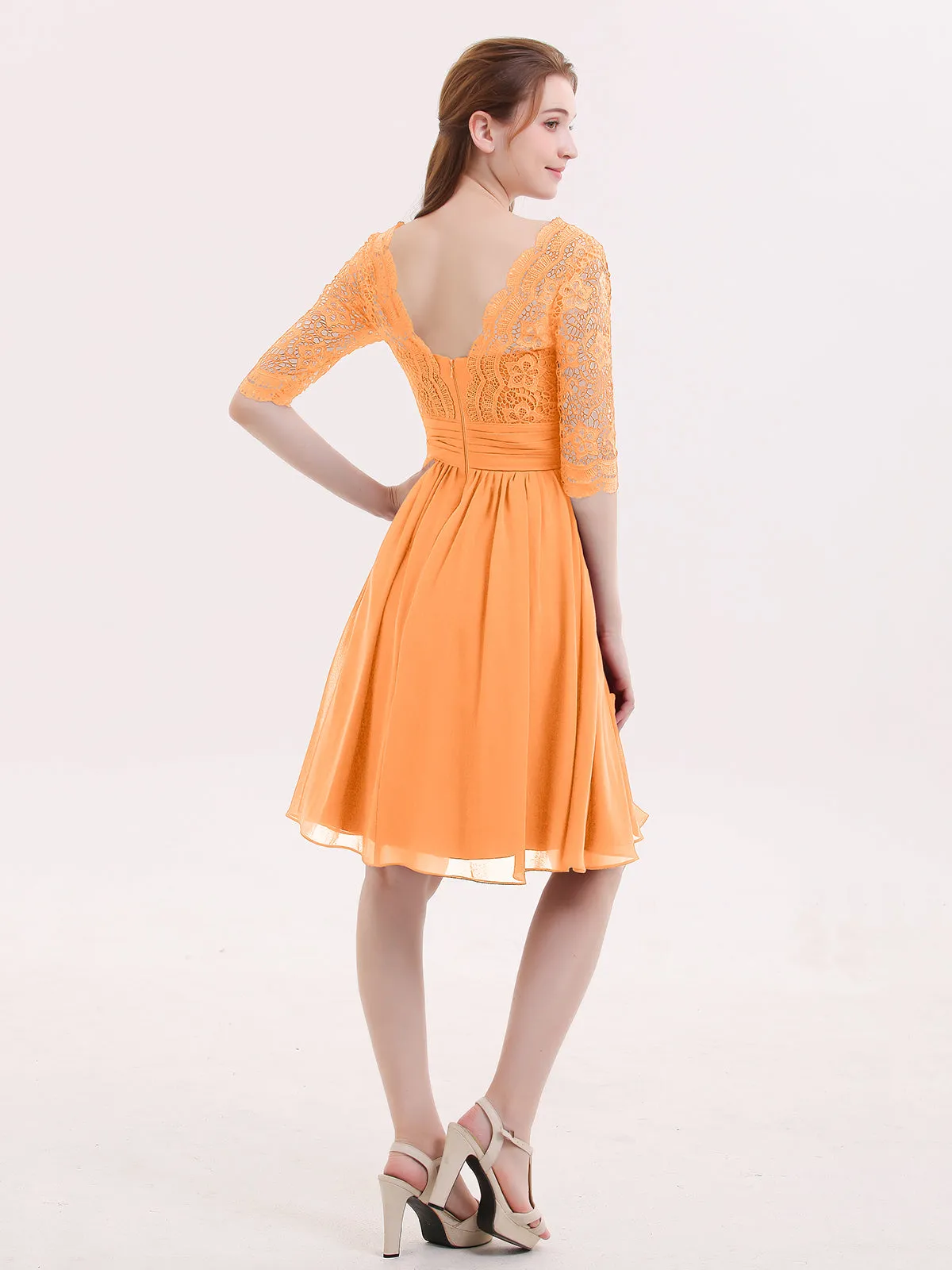 Lace and Chiffon Short Dress with Half Sleeves Orange