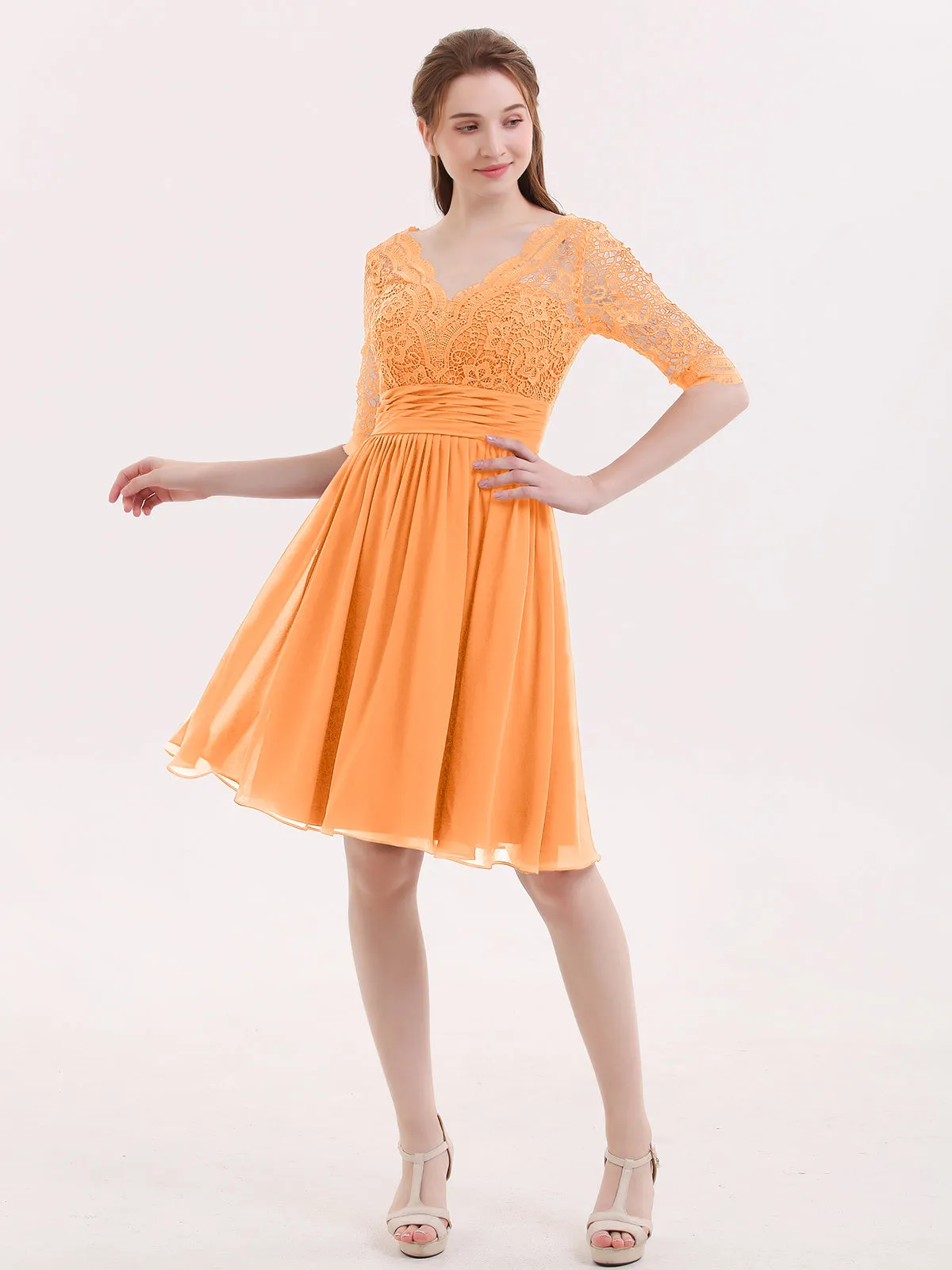 Lace and Chiffon Short Dress with Half Sleeves Orange