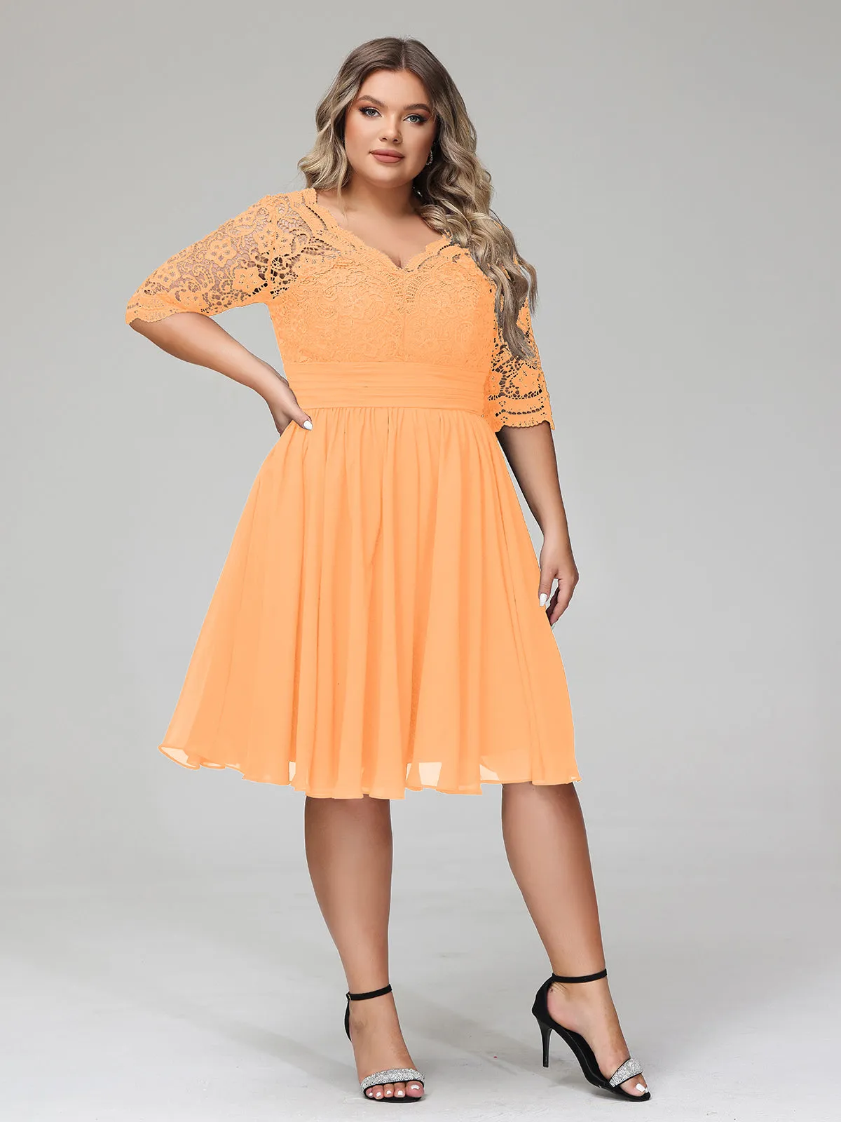 Lace and Chiffon Short Dress with Half Sleeves Orange