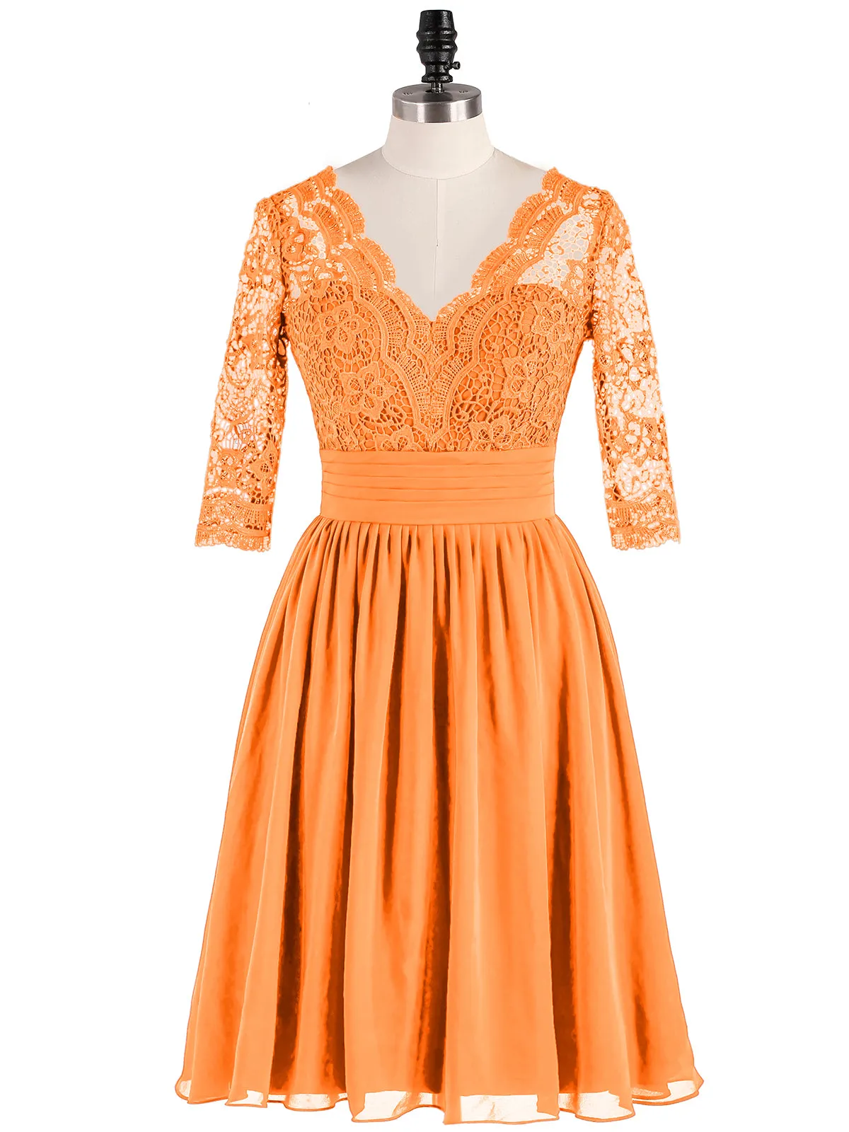 Lace and Chiffon Short Dress with Half Sleeves Orange