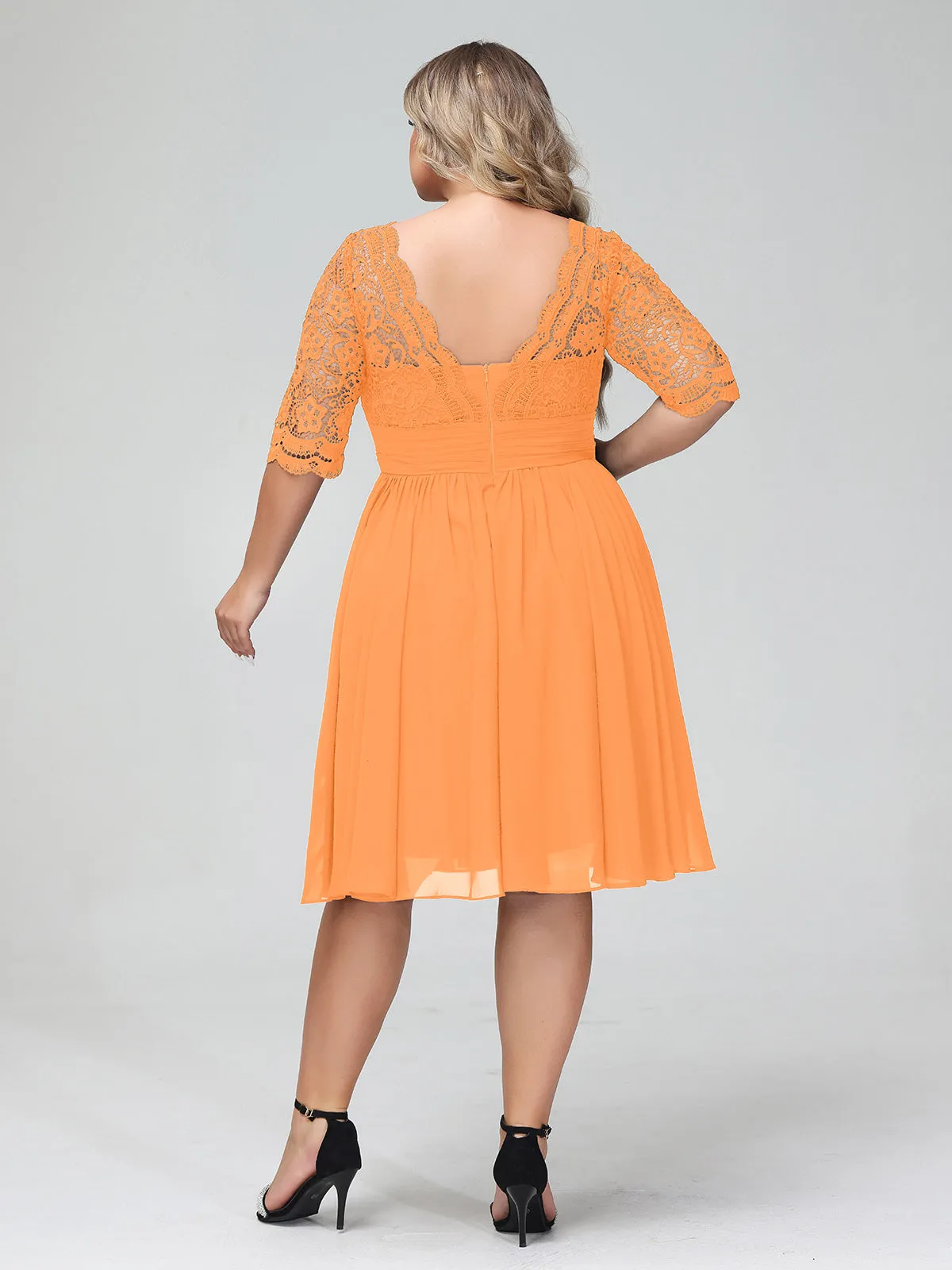 Lace and Chiffon Short Dress with Half Sleeves Orange