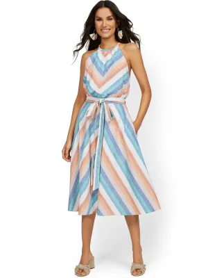 Linen-Blend Multi-Stripe High Halter Midi Dress