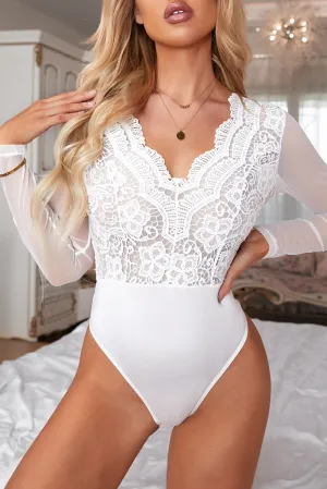 Long Sleeve Lace V Neck Mesh Bodysuit