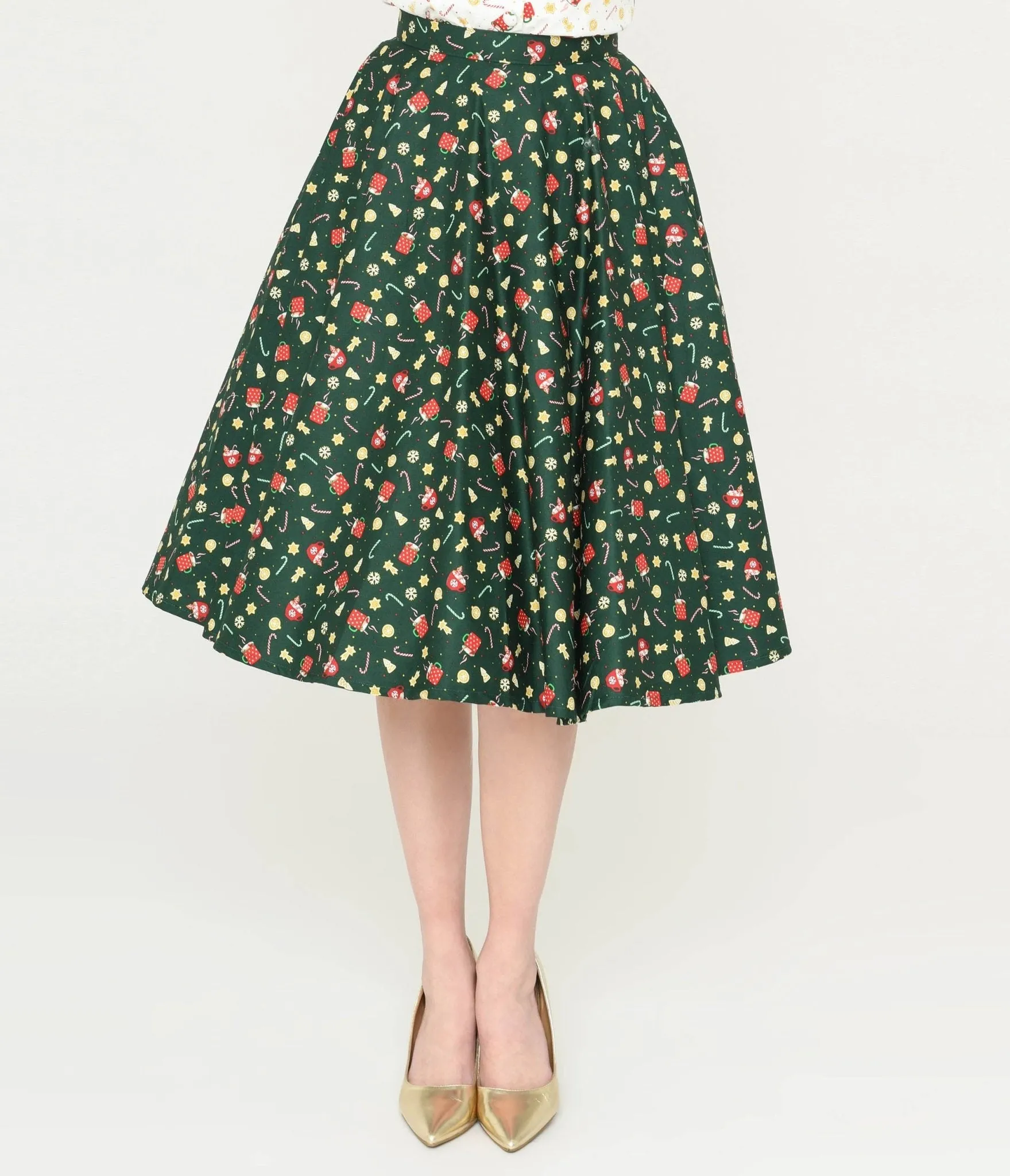 Magnolia Place Green & Holiday Print Sally Swing Skirt