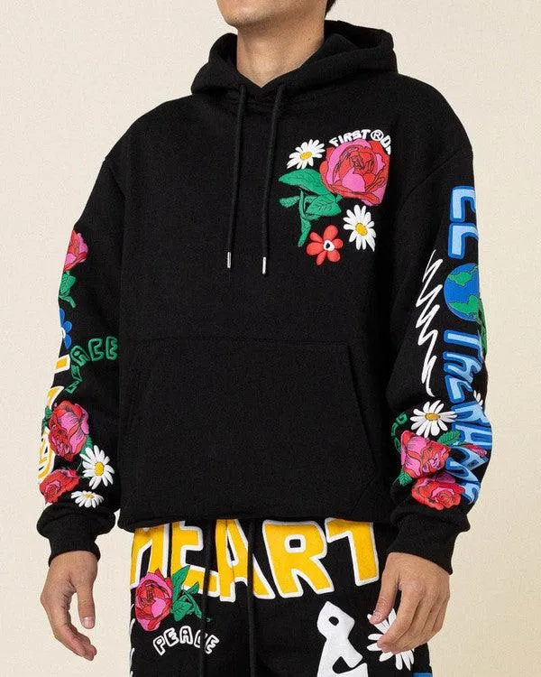 Mens Black Flower Puff Print Hoodie