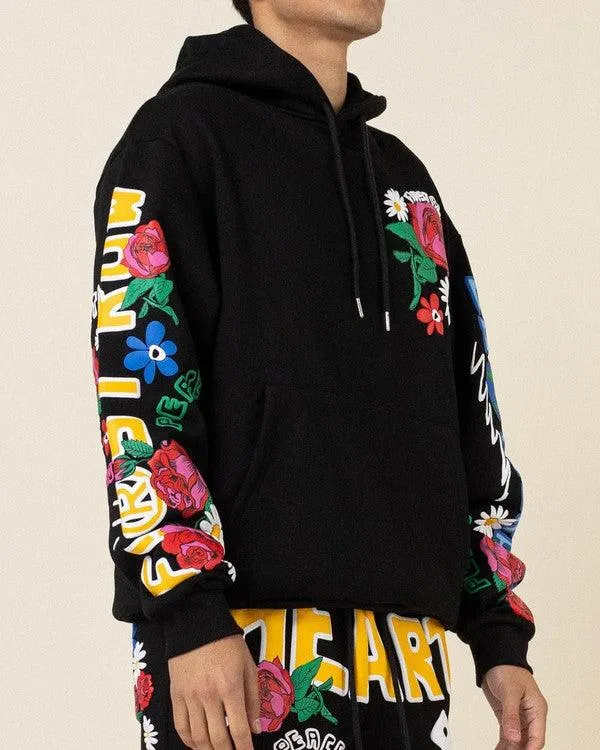 Mens Black Flower Puff Print Hoodie