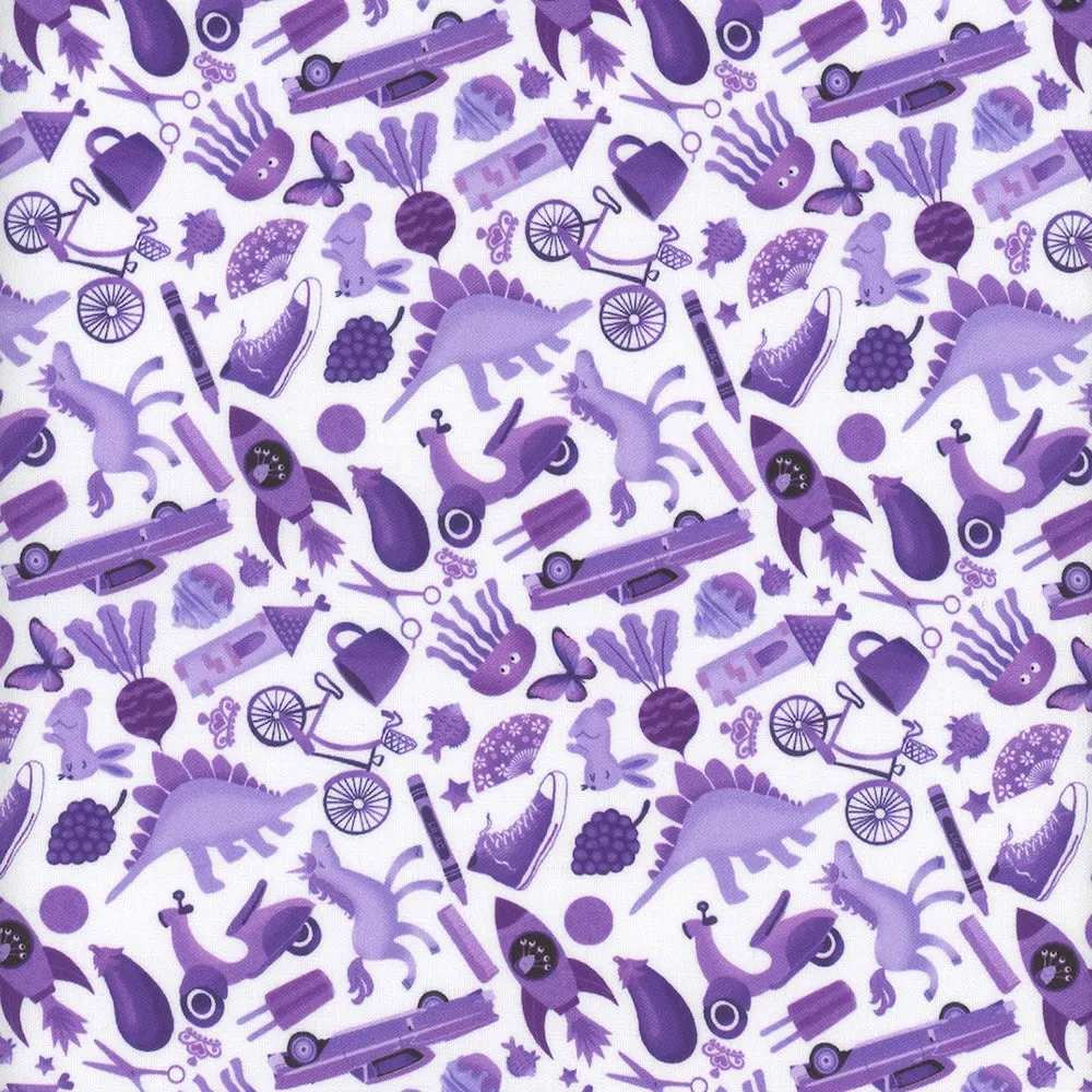 Mini Purple I Spy Creatures & Stuff on White Quilting Cotton