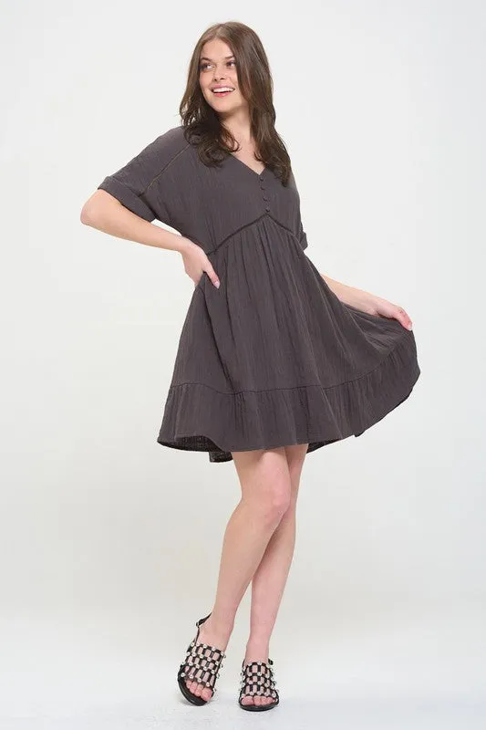 PLUS SIZE SHORT SLV BUTTON DOWN V-NECK SHORT DRESS