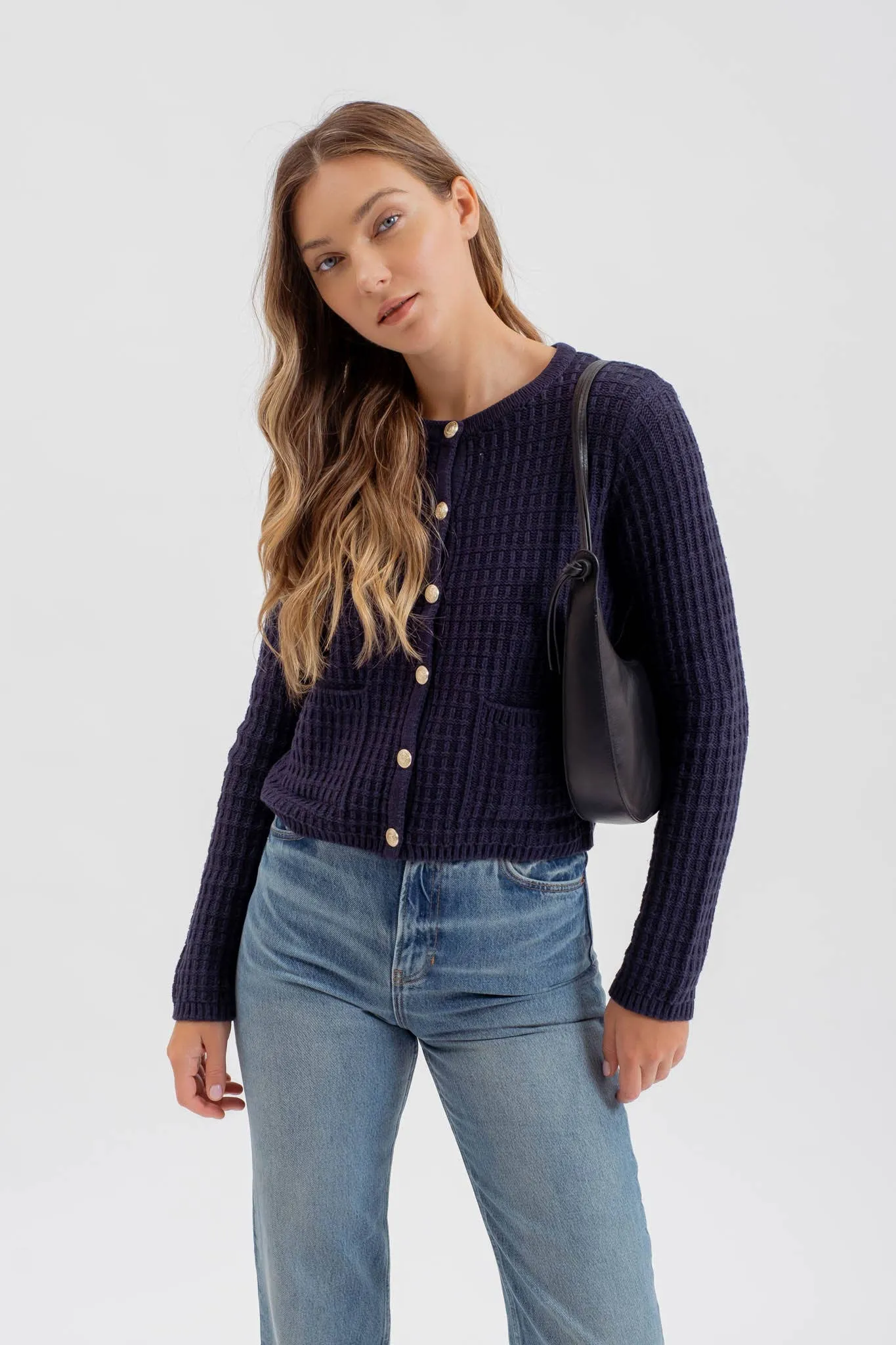 ROUND NECK BUTTON DOWN TEXTURED KNIT CARDIGAN