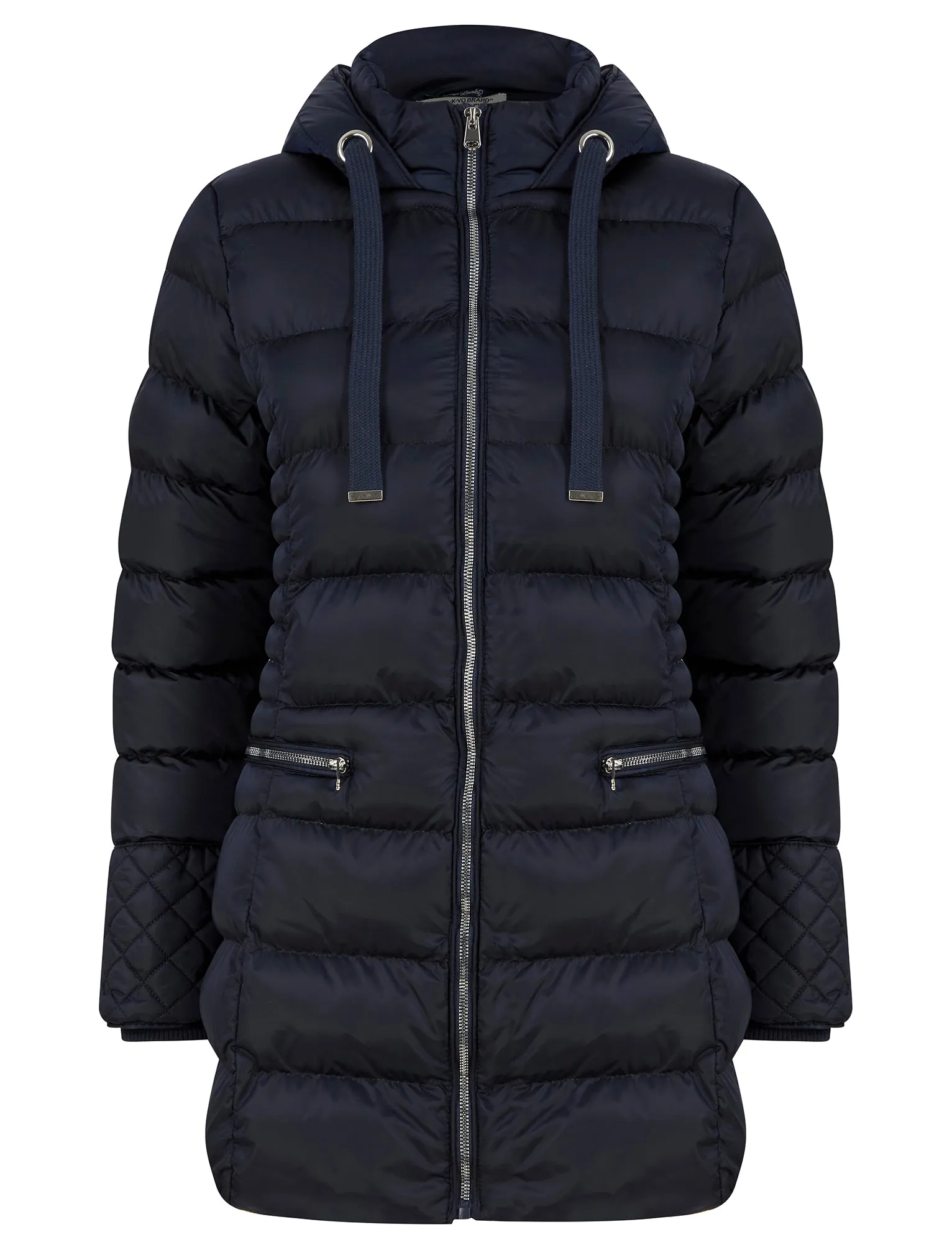 Shania Longline Quilted Puffer Coat with Hood in Dark Navy - Tokyo Laundry