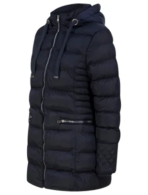 Shania Longline Quilted Puffer Coat with Hood in Dark Navy - Tokyo Laundry