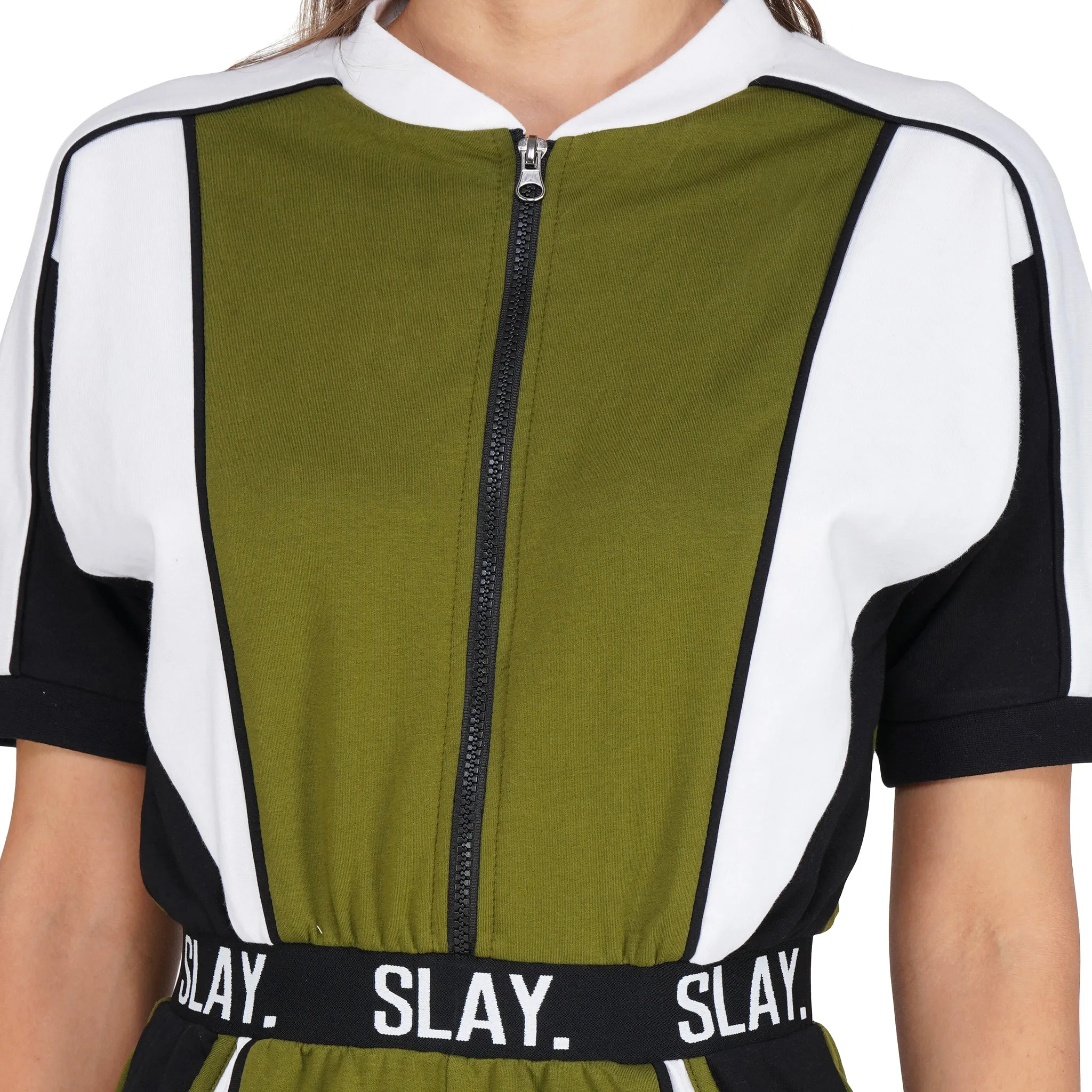 SLAY. Women's Colorblock Romper Olive White Black