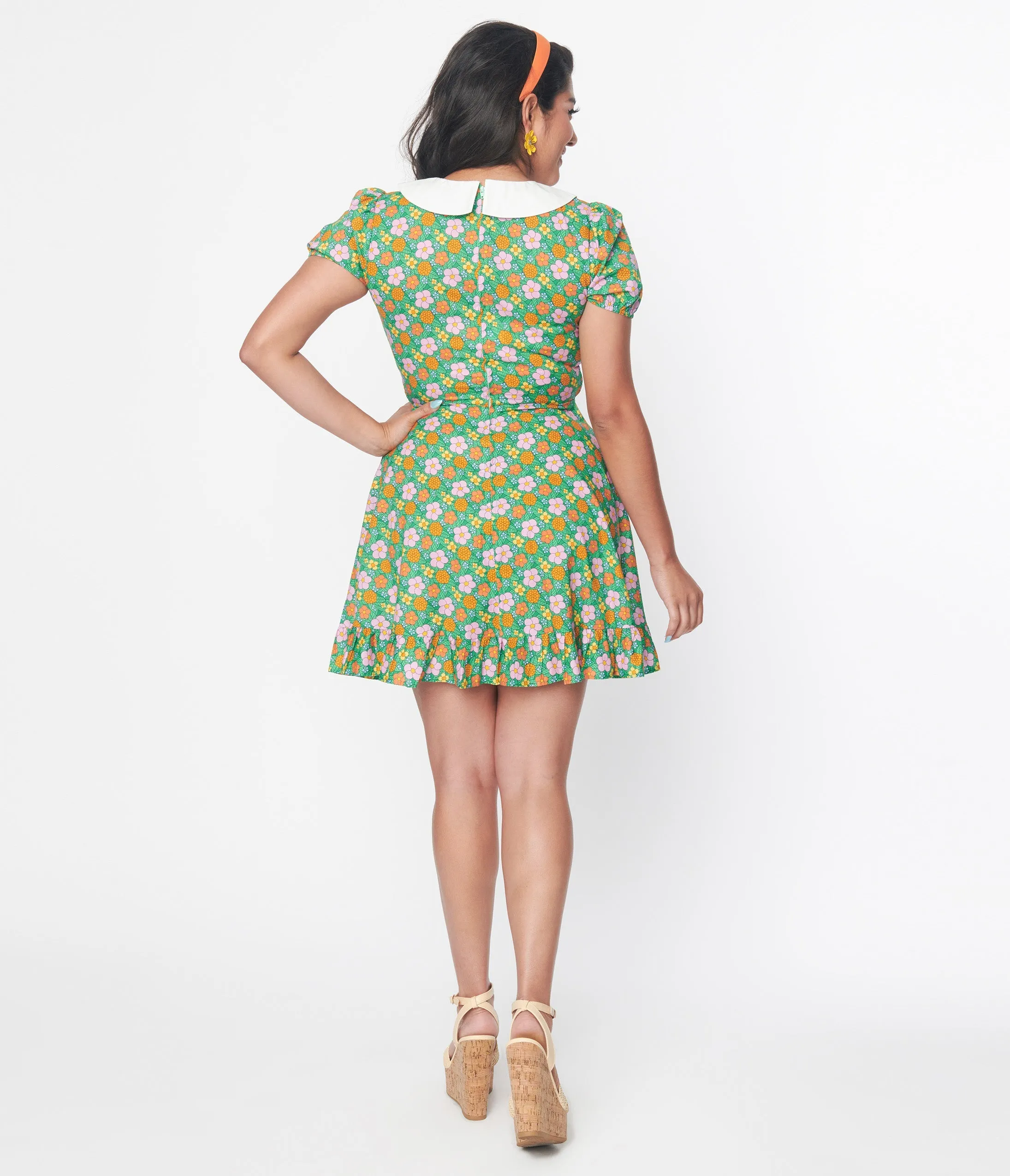 Smak Parlour 1960s Green Floral Smocked Fit & Flare Dress