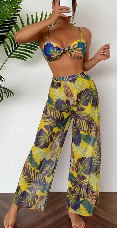 Tropical print bikini swimsuit with cover up pants Yellow