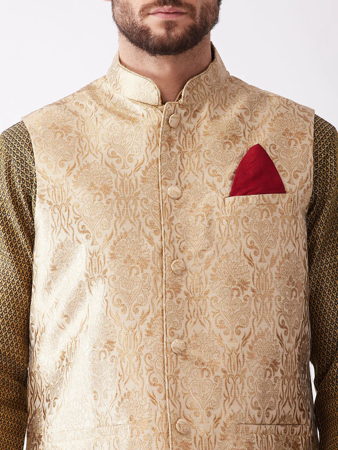 VASTRAMAY Men's Rose Gold Jacquard Kurta Set