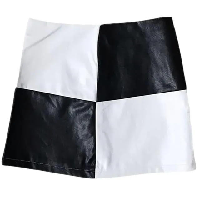 Vintage Mini Skirts Patchwork Black and White A-line Short Skirt