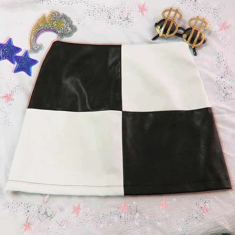 Vintage Mini Skirts Patchwork Black and White A-line Short Skirt