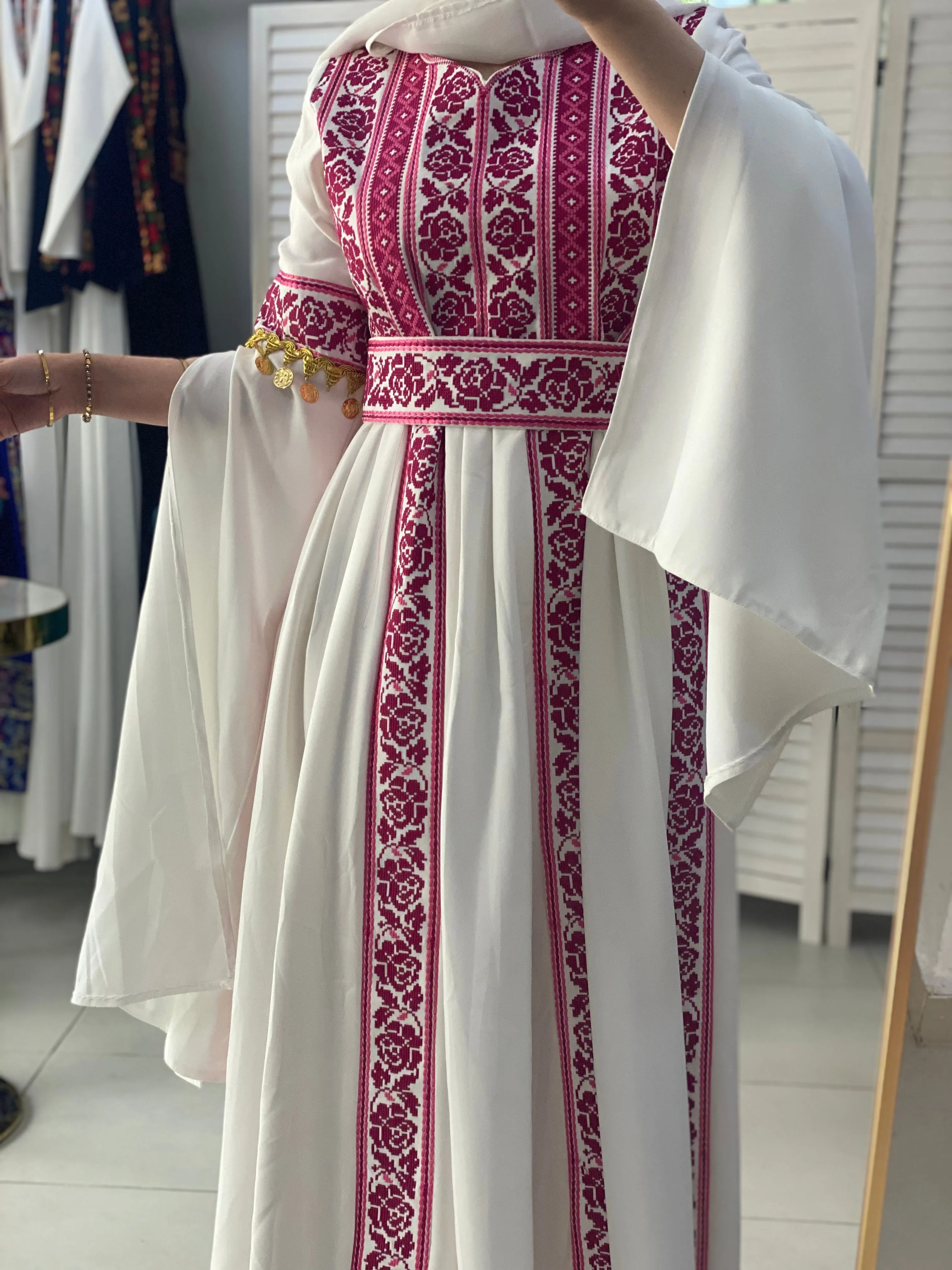 White Flowy Thob Dress With Pink Gorgeous Embroidery and Coins details