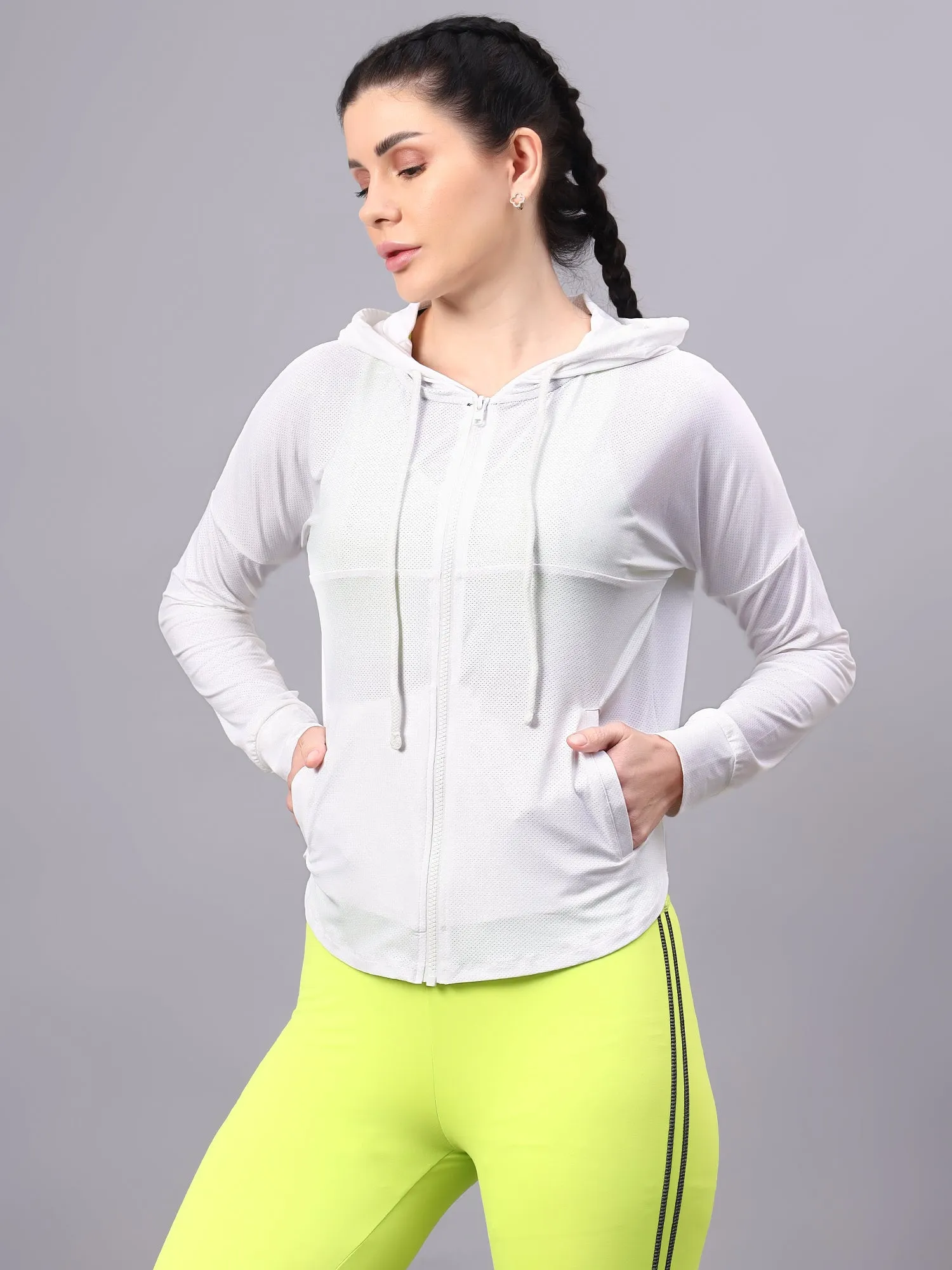 Women's White Self Design Lightweight Hooded Training Jacket