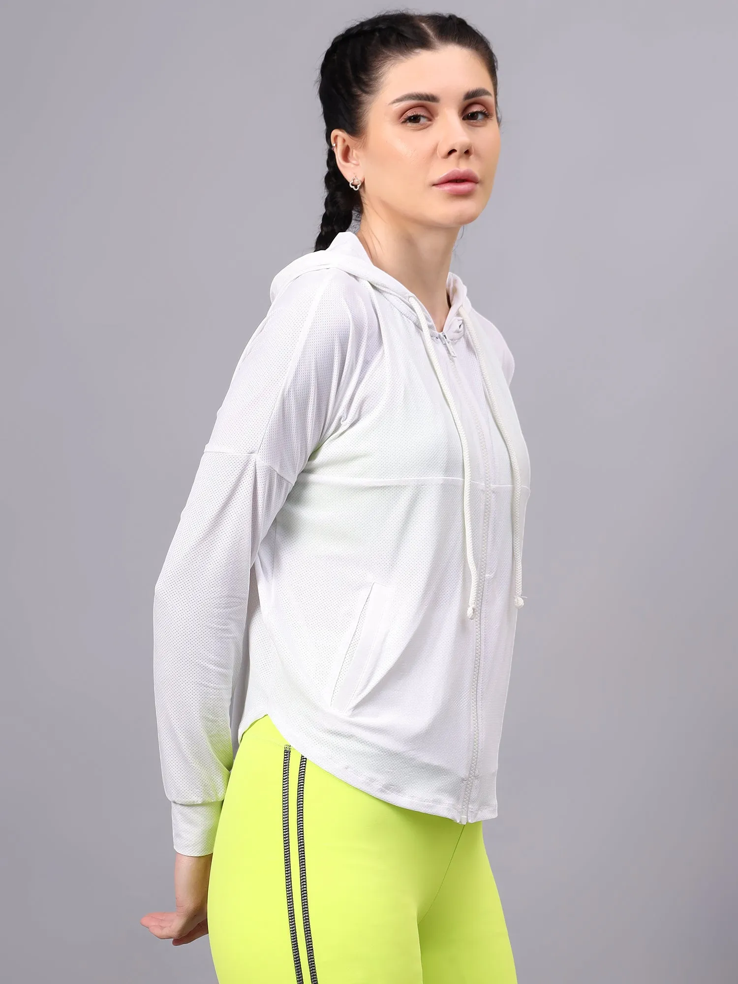 Women's White Self Design Lightweight Hooded Training Jacket