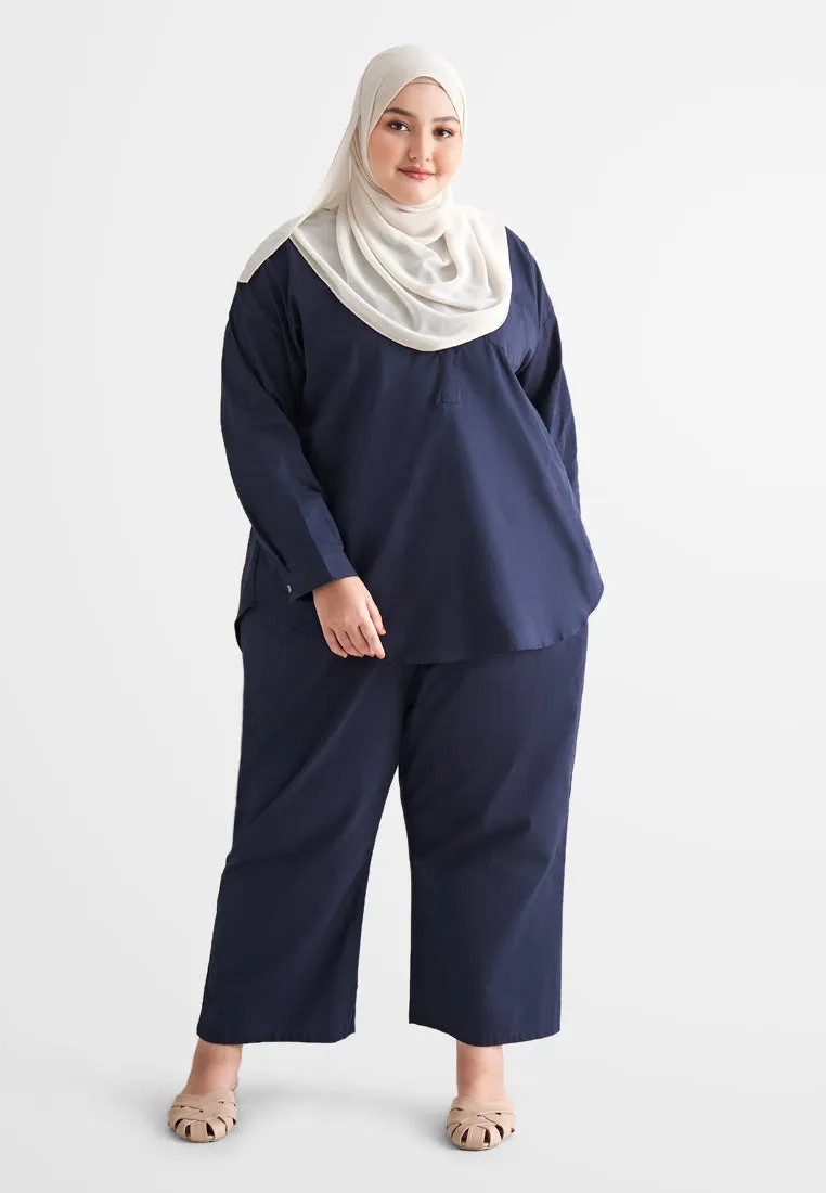 Zeah Linen Stand Collar Top - Dark Blue