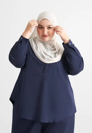 Zeah Linen Stand Collar Top - Dark Blue