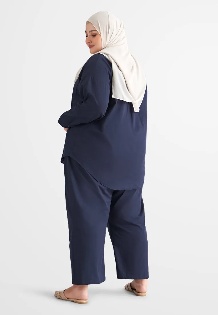 Zeah Linen Stand Collar Top - Dark Blue