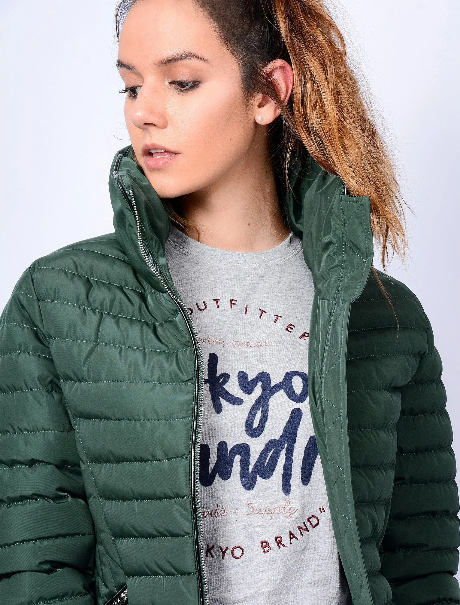 Zelda Funnel Neck Quilted Jacket in Dark Green - Tokyo Laundry